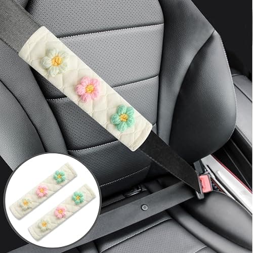 Amooca Soft Auto Seat Belt Cover Seatbelt Shoulder Pad Cushions 2 PCS for a More Comfortable Driving Universal Fit for All Cars and Backpack Off-White Knitted Flower (Green & Pink) thumbnail 4