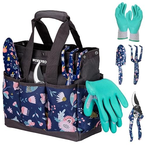 WORKPRO 5PCS Garden Tool Set, Aluminum Heavy Duty Gardening Tool Set with Garden Tool Bag, Outdoor Garden Hand Tools, Blue Insect and Flower - Image 1
