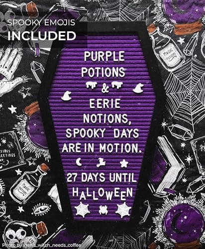 Nomnu Coffin Letter Board, Purple Goth Decor w/Bat Stickers, Spooky Emojis | Wood and Felt board 17x10.5 inches +650 characters 80+ spooky seasonal emojis, sawtooth hanger. Tabletop Stand thumbnail 6
