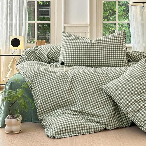LifeTB Green Gingham Comforter Set Full Size Boho Plaid Checkered Pattern Comforter Geometric Grid Plaid Printed Bedding Comforter Set with 2 Pillowcases Fluffy Soft Gingham Bedding Set Full Size thumbnail 2