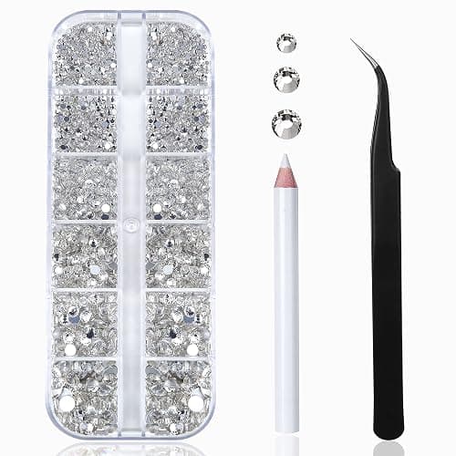 Nail Art Rhinestones Kit HUETFAT 2400pcs Nail Gems Crystal Clear Flatback Rhinestones Gems Stones, with Storage Organizer Box/Wax Pencil/Tweezers 6 Sizes (1.9-4.5 mm) for Nail Art Craft - Image 1