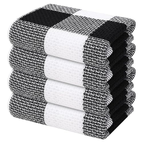Mordimy 100% Cotton Waffle Weave Kitchen Towels, 13 x 28 Inches, Super Soft and Absorbent Buffalo Check Dish Towels for Drying Dishes, 4-Pack, Black & White - Image 1