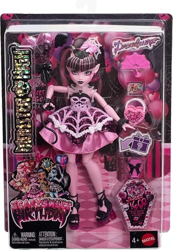 Monster High Scary Sweet Birthday Doll, Draculaura in Pink Party Dress with Themed Accessories Like Invite, Balloon, Gift, Fan and More thumbnail 6