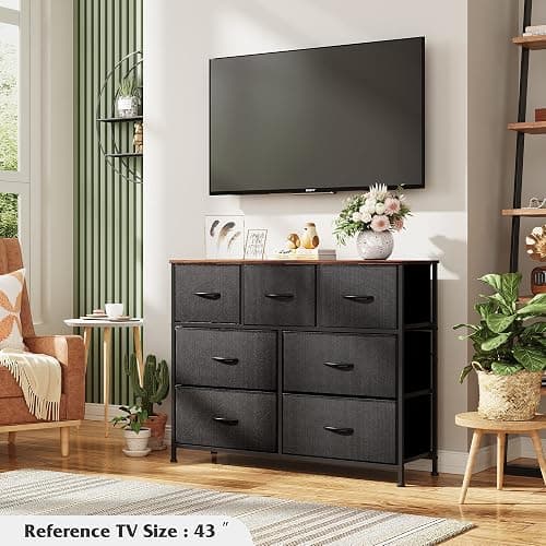 WLIVE 7 Drawer Dresser TV Stand, Entertainment Center, Media Console Table with Metal Frame and Wood Top for TV up to 45 inch, Chest of Drawers for Bedroom, Living Room, Black and Rustic Brown thumbnail 4