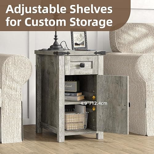 Furnihold Farmhouse Nightstand Set of 2, 13.8''W Rustic Wood End Table with Charging Station, Narrow Side Table with Storage Drawer for Living Room Bedroom, Oak Grey thumbnail 7