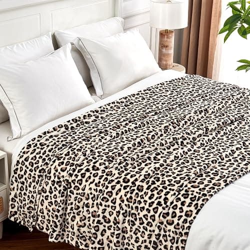 Edenleaf Leopard Print Blanket Fleece Throw for Bed Sofa Travel and Camping, Super Soft Cozy Fluffy Plush Cheetah Print Blanket for All Seasons 60"x80" (Cream) thumbnail 3