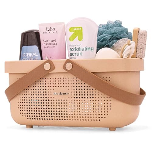 Brookstone Modern Large Portable Shower Caddy with Soft Silicone Carrying Handle, Bathroom Organizer Basket, Plastic Bath Tote and Shower Organizer, Quick Dry Drainage Holes, BPA Free, Blush - Image 1