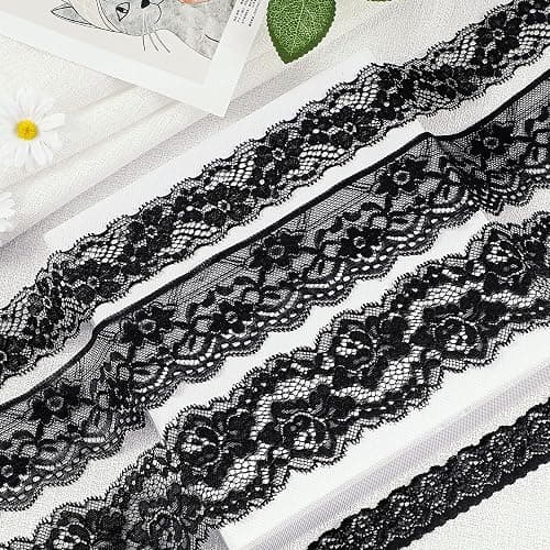 4 Rolls 24 Yards Floral Black Lace Ribbon Stretch Pattern Vintage Wide Tulle Lace Trim for DIY Crafts Sewing Present Wrapping Decoration thumbnail 4
