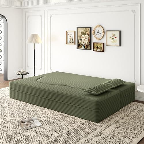 ALAMHI 78" Full Size Floor Sofa, Folding Queen Sleeper Couch, Futon Loveseat Sofa, Plush Corduroy Foam-Filled Sleeper Couch Bed, Fold Mattress Bed for Living Room, Guest Use, Office, Apartment, Green thumbnail 8