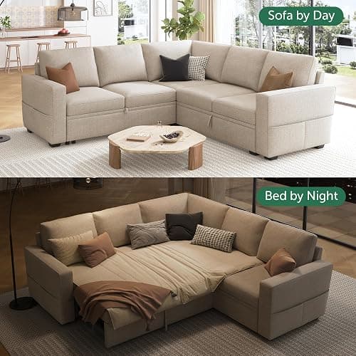 HONBAY Modular Sectional Sleeper Sofa with Pull Out Bed, L Shaped Couch with Storage Seat, Convertible Sectional Couches for Living Room, Beige thumbnail 3