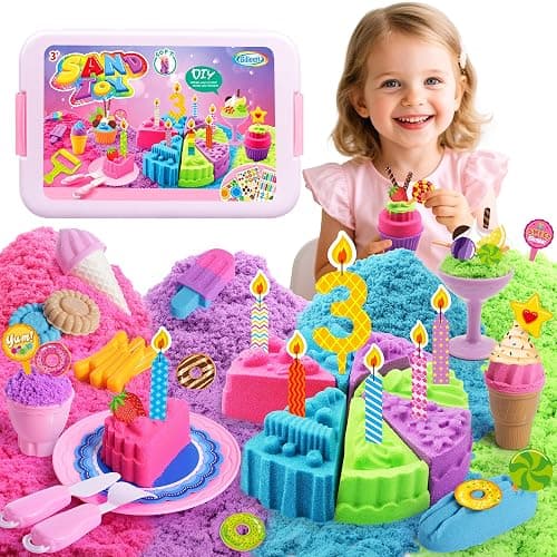 Billeeit Cake & Ice Cream Sensory Bin Sand Toy, Sand Kit Sensory Toys w/lid and 4 Color Moldable Sensory Play Sand 2.2lbs, Molds, Tools Set 43pcs Total for Toddlers, Fun Gifts for Kids Girls 3+ - Image 1