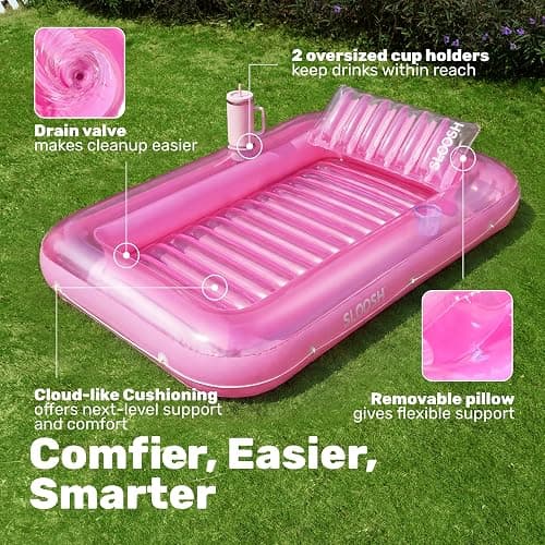 SLOOSH Inflatable Tanning Pool Lounger Float, 70" x 46" Pool Floats Adult with Pillow, 4 in 1 Suntan Tub Raft Floatie,Sunbathing Bed Lounge for Water Blow Up Kids Ball Pit Party Gifts, L-Pink thumbnail 4