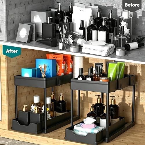 DEKAVA Under Sink Organizer 2 Pack, Bathroom Cabinet Organizer, 2 Tier Sliding Cabinet Basket Organizer Drawer, Multi-Purpose Bath Collection Baskets for Bathroom (Black) thumbnail 4