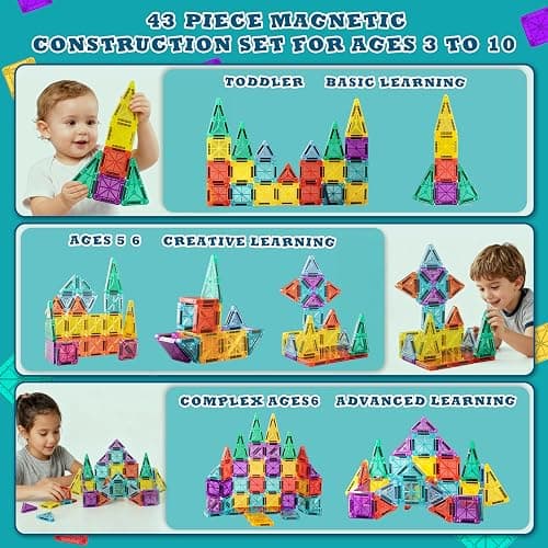 RiteHold Magnetic Tiles for Kids Mini Magnet Tiles Building Set 43PCS Toddlers Magnetiles Travel Toys with Case & 2 Cars Basic STEM Magnets Construction Tile Toy Ages 3-8 Boys Girls thumbnail 6