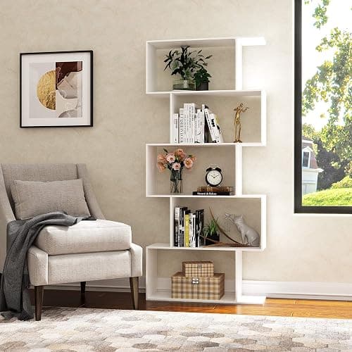 Yusong Bookshelf 5-Tier, Geometric Bookcase S Shaped Book Shelves for Bedroom, Modern Wood Decorative Display Shelf Book Case for Home Office, White thumbnail 2