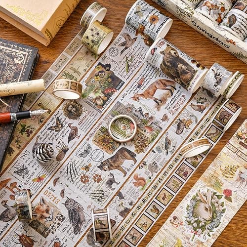 Songdao 18 Rolls Vintage Washi Tape Pack Retro Arts Adhesive Tapes Wide Monologue Decorative Masking Tape Sets for Craft, Kids, Scrapbook, DIY, Gift Wrapping (Jungle Trails) thumbnail 2