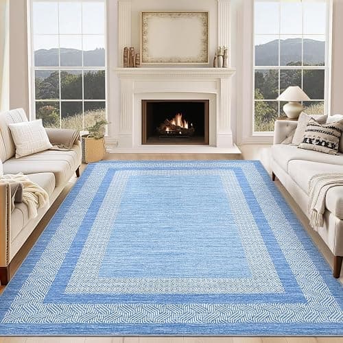 GarveeHome 8x10 Large Washable Area Rug Modern Bordered Distressed Geometric Floor Carpet, Soft Non Slip Low Pile Non Shedding Indoor Light Blue Carpet for Bedroom, Living Room - Image 1