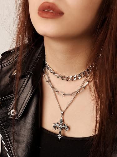 Sacina Gothic Layered Cross Choker Necklace, Goth Emo Grunge Necklace, Goth Jewelry, Halloween Christmas Jewelry Gift thumbnail 2