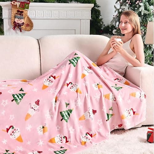 Edenleaf Christmas Blanket Soft Cozy Pink Throws with Snowman Snowflake Santa Claus and Xmas Trees Print, Fuzzy Warm Christmas Throw Blanket for Couch Bed Holiday Decorations Gifts 50"x60" (Pink) thumbnail 3