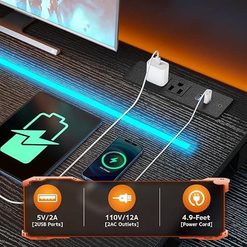 DurayLoly Gaming Desk 56 Inch with LED Lights and Power Outlets,Reversible Computer Desk with Drawers and Shelf,Gaming Table with Hooks for Headphone,Bags,Black Desk for Bedroom,Dorm,Black thumbnail 6