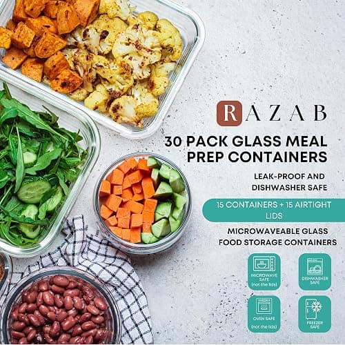 Razab 30 PC Glass Food Storage Containers with Lids - Reusable Glass Meal Prep Containers for Lunch and Leftovers - Airtight & Leakproof Snap Locking Lids - Oven, Freezer, Microwave, Dishwasher Safe thumbnail 8