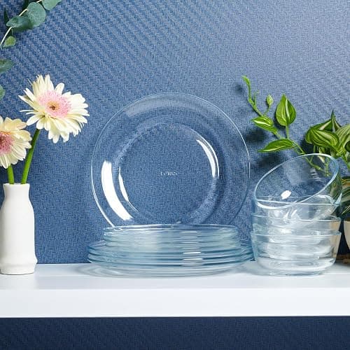 12pc Glass Dinnerware Set - Sleek Round Clear Glass Plate and Bowl Sets - Dishwasher Safe, Bread & Butter Dinner, Dessert, Salad Plates & Serving Cereal Soup Bowls Dishes for Kitchen Dining & Parties thumbnail 6
