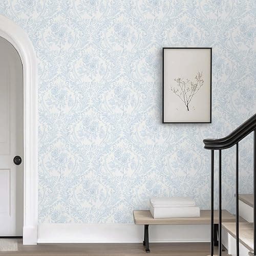 Ismoon Peel and Stick Wallpaper Vintage Floral Contact Paper Boho Watercolor Blue Damask Wallpaper Textured Removable Self Adhesive Vinyl Wall Paper for Bedroom, 17.3 in X 6.5 ft thumbnail 7