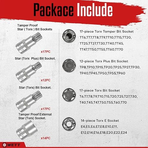 WETT Master Torx Bit Socket and External Torx Socket Set, 60-Piece 1/4", 3/8", 1/2" Drive E-Torx Sockets (E4-E24, T6-T70, TT6-TT70, TP8-TP60), S2 and CR-V Steel thumbnail 4