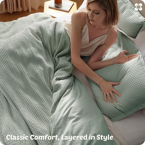 Bedsure Cotton Duvet Cover Queen - 100% Cotton Waffle Weave Sage Green Duvet Cover Queen Size, GentleSoft™ and Breathable Bedding Set for All Season, 3 Pieces, 90"x90" thumbnail 7