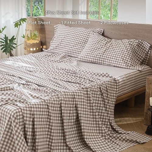 MooMee Gingham Sheet Set 100% Washed Cotton Linen Like Textured Breathable Soft w/Fully Elasticized 16-19" Deep Pocket (Classic Gingham Brown, Queen) thumbnail 2