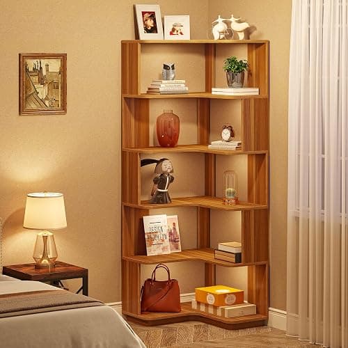 LITTLE TREE 6-Shelf Corner Bookshelf, 65” Tall L Shaped Bookcase, 6-Tier Industrial Corner Shelf Storage Display Rack for Living Room Home Office, Wood Grain Walnut thumbnail 4