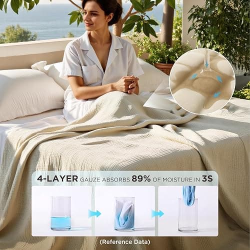Bedsure 100% Cotton Muslin Blanket Queen Size for Bed - 4-Layer Breathable and Lightweight Thin Soft Summer Gauze Muslin Blankets for Adults, Linen Beige, 90x90 Inches thumbnail 4