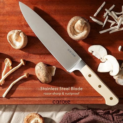 CAROTE 11 Pieces Knife Set with Block for kitchen, Stainless Steel Razor-Sharp Blade, Triple Riveted Ergonomic Handle, Wooden Magnetic Block, Essential Knife Block Set, Beige thumbnail 2