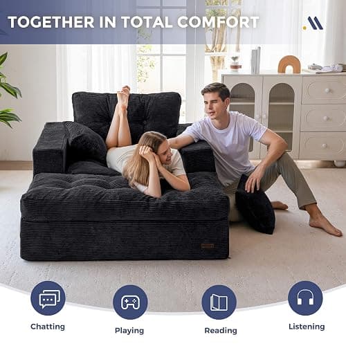 MAXYOYO Oversized Chaise Lounge Sofa, Upholstered Lounge Chair with 3 Pillows, Tufted Boneless Sofa Couch with Ottoman, Deep Seat Sleeper Chair for Living Room, Bedroom, No Assembly, Black thumbnail 8