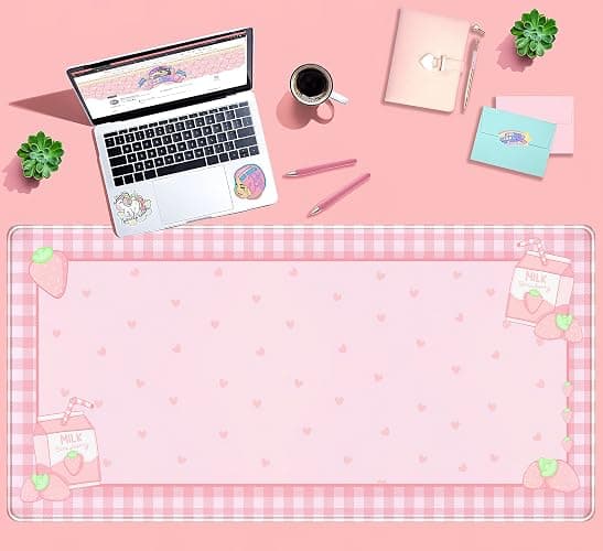 Cute Pink Plaid Desk Mats Strawberry Milk Gaming Desk Pad, Kawaii Extended Mouse Pad Kawaii Large Keyboard Mats XXL, Laptop Mat for Desk, Desktop Mat Mousepad Office Decor for Women 31.5"x15.75" thumbnail 3