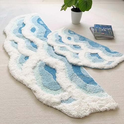 ZSHIFANG Soft Shag 3D Stereo Wave Moss Bedside Rug 20"×36" Cute Navy Blue Runner Rug Non Slip Washable Bathroom Rugs Bath Mats for Bedroom Bathroom Hallway Home Decor Indoor Doormat Shower Mat thumbnail 4