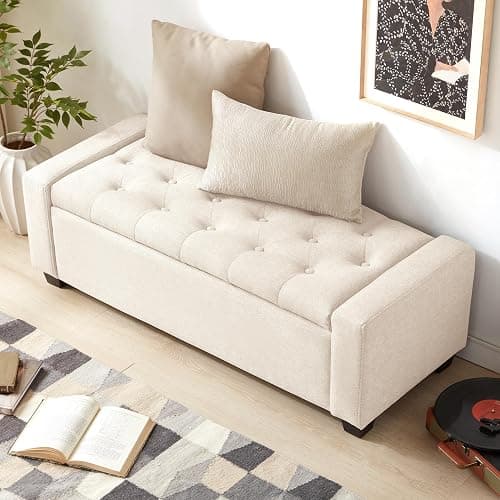 Huatean Home 48" Ottoman with Storage, Storage Ottoman Bench with Safety Hinge, Upholstered Entryway Bench with Seating for Bedroom, Living Room, Holds up to 330 lb, Beige thumbnail 5