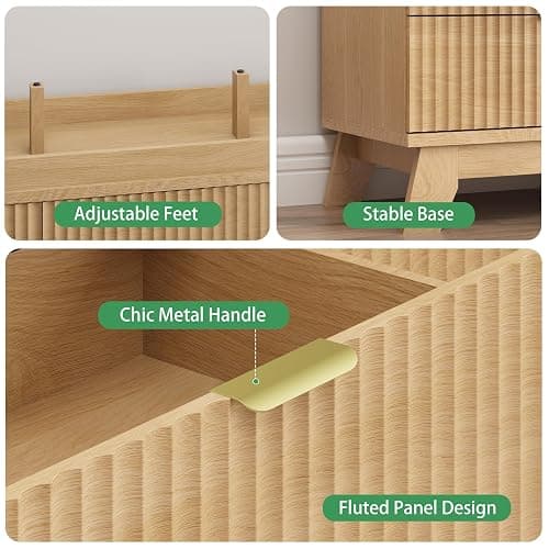 Fluted Dresser for Bedroom with 9 Drawers, 57" Wide Modern Chest of Drawers with Metal Handle, Wooden Dresser TV Stand, Wood Closet Clothes Storage Organizer for Living Room, Hallway, Natural Oak thumbnail 6
