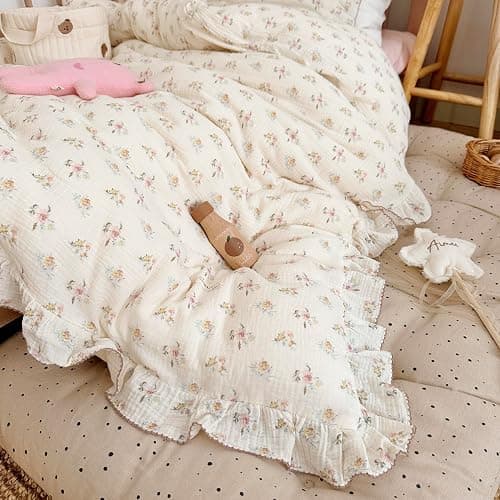BuLuTu Muslin Cotton Toddler Duvet Cover Soft Double Layers Gauze Bedding Duvet Covers for Toddler Girls Kids Quilt Cover, 47"x59", Azalea Print (No Pillow Cases) thumbnail 8