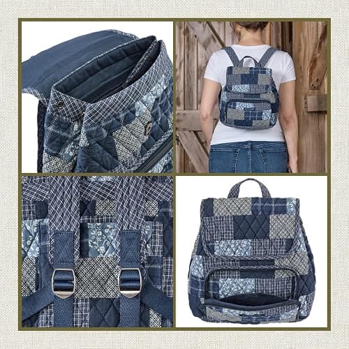 Bella Taylor Mini Backpack, Quilted Hands-Free Bag, Heritage Blue Patch | Lightweight 6-pocket quilted cotton backpack, adjustable straps, machine washable, fits water bottle, tablet, snacks, wallet thumbnail 6