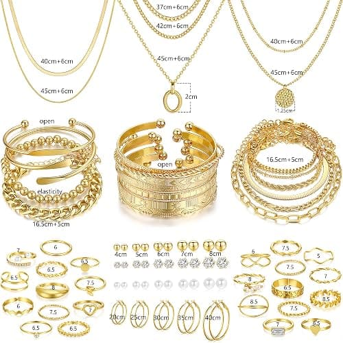 FAXHION 68 Pcs Gold Jewelry Set for Women with 7 Necklace, 17 Bracelet, 5 Hoop Earrings, 15 Stud Earrings, 24 Knuckle Rings for Women Jewelry Set for Women thumbnail 7