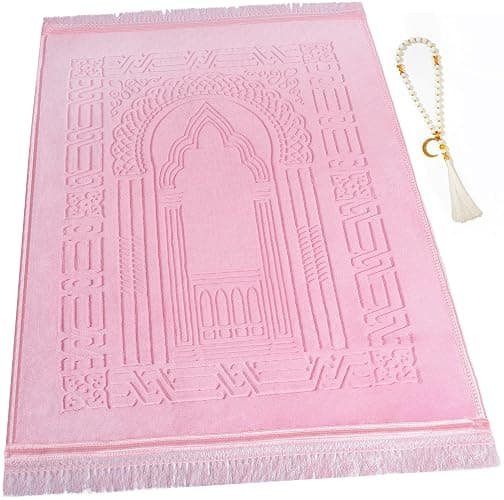 YAZEIN Muslim Prayer Rug with Tasbih Prayer Beads, Soft Large Prayer Matt Islam, Padded Islamic Prayer Mat Thick for Men and Women, Janamaz, Sajadah (31.5" x 47.2", Pink) - Image 1