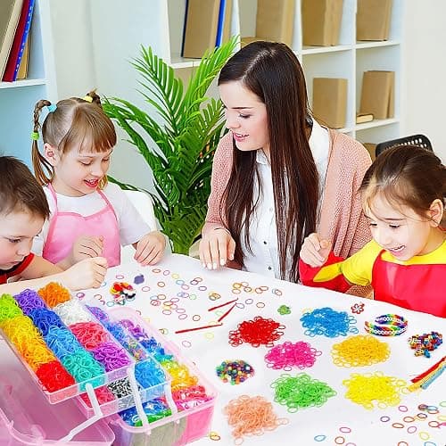 INSCRAFT 17500+ Rubber Loom Bands with 3 Layer Pink Container, 28 Colors, 600 S-Clips, 352 Beads, 40 Cartoon Pendant, Bracelet Making Refill Kit for Kids thumbnail 5