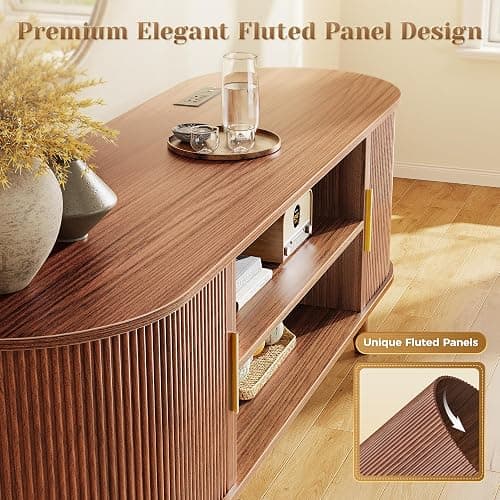 PRAISUN 54 Inch Fluted TV Stand for TVs up to 55 Inch, TV Media Console with Power Outlets and USB-C Port, Entertainment Center with Storage, Curved Sliding Doors, Adjustable Shelf, Brown thumbnail 7