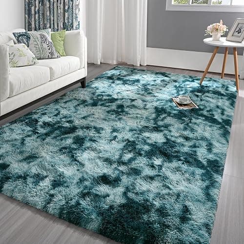 Pettop Fluffy Tie-Dye Peacock Blue Rug for Bedroom Living Room, 3x5 Feet Super Soft Shaggy Plush Fuzzy Rugs for Girls Kids Boys, Non-Slip and Washable Rug for Nursery Classroom, Carpet for Rooms Decor - Image 1