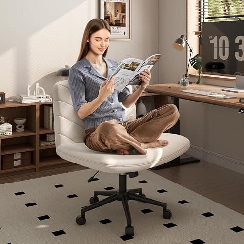 Yaheetech Wide Criss Cross Legged Office Desk Chair with No Wheels, Vanity Comfy Swivel Computer Chairs for Home Office Reading Makeup, Beige thumbnail 3
