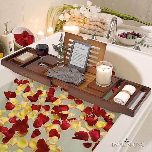 Temple Spring Wooden Bath Tray, Bath Shelf Bathroom Accessory, Home Spa Boards for Adults, Bathtub Caddy, Bamboo Bathroom Accessories Set, Extendable Bathtub Rack with iPad & Phone Holder -Wood Brown thumbnail 7