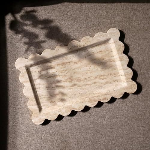 Natural 100% Marble Vanity Tray Luxury Scalloped Marble Storage Rectangle Italian Travertine Tray for Home Decor Stone Tray for Bathroom/Kitchen/Candle Key (Rectangle-11.8 * 7.4-Beige Travertine) thumbnail 6
