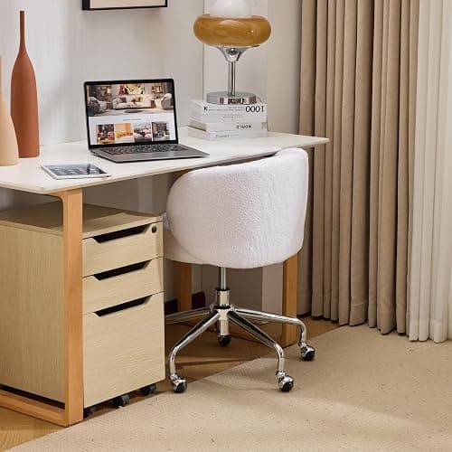 VINGLI Cute Small Swivel Desk Chair Comfy with Wheels,Ergonomic Low-Back Lumbar Support Vanity Nail Tech Rolling Task Stool Girls Women Kids Chair for Home Office,Height Adjustable,Teddy Fleece,White thumbnail 7
