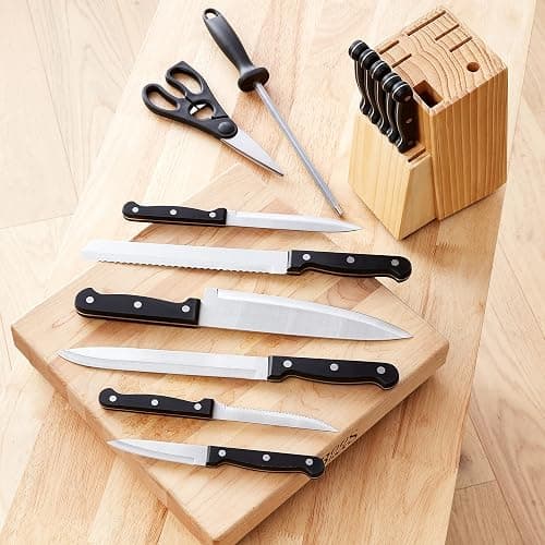 Amazon Basics 14-Piece High Carbon Stainless Steel Kitchen Knife Set with Sharpener and Pinewood Block, Black thumbnail 8